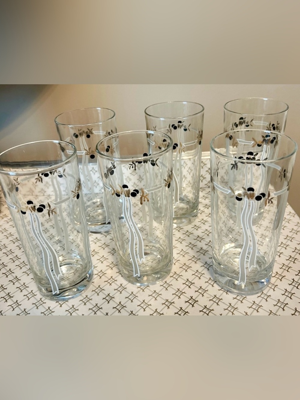 Vintage Reims France Olive Ribbon Highball Glasses  Set of 6 MCM 10 oz